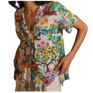 Maeve Anthropologie Small Print Linen Viscose Short Sleeve Button Up Shirt Top